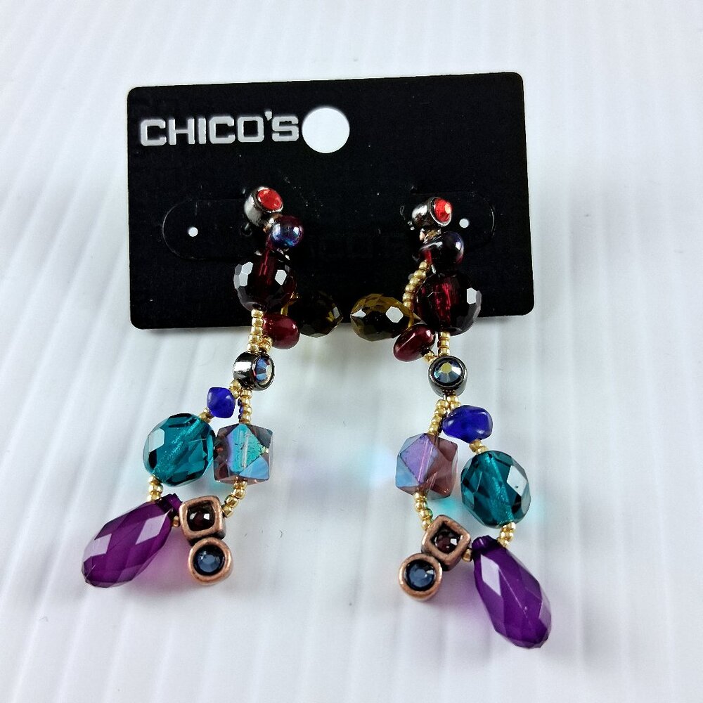 Chico's Gold Tone and Multicolored Beads Dangle Post Earrings Fashion Jewelry